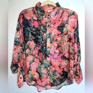 Decree Floral Sheer Blouse 3/4 Sleeve Button Front Sz Med Women's O-2